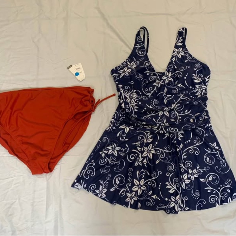 Navy Blue Floral Dress Swimsuit and red-orange bikini.